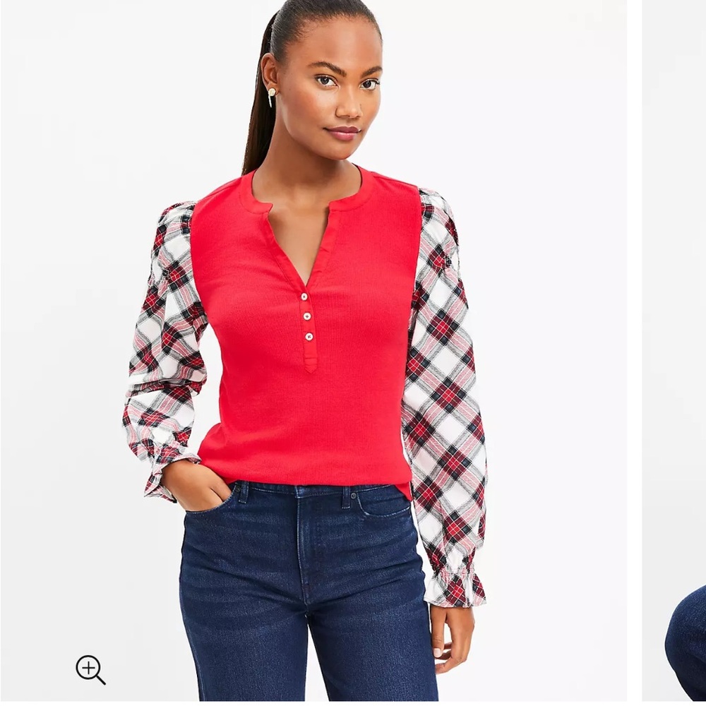 LOFT plaid sleeve Henley NWT